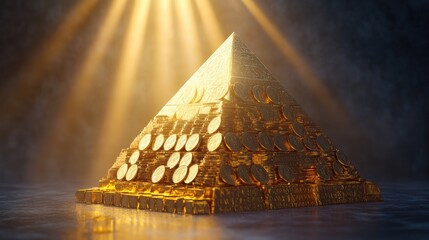 Poster - A golden pyramid crafted from coins and bars, emitting beams of light from its apex, representing financial growth, with a sleek pedestal for luxury product presentation.