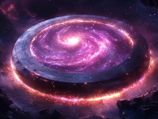 Poster - A Futuristic Metallic Frame with Glowing Neon Edges Encapsulating a Swirling Galaxy Scene Hovering in Minimalist Space