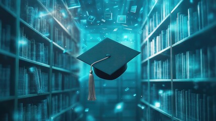 Poster - A graduation cap floating in a futuristic library with digital books flying around, symbolizing online education, academic achievement, and the future of learning.