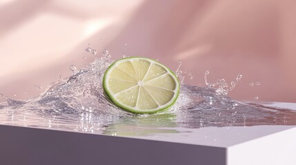 Poster - A lime slice floating on a sparkling wave, surrounded by shimmering water droplets, evoking a sense of cool summer refreshment, with a minimalist podium.
