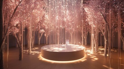 Poster - A magical bejeweled forest of illuminated trees, with a sleek podium in the center for showcasing luxury product packaging.