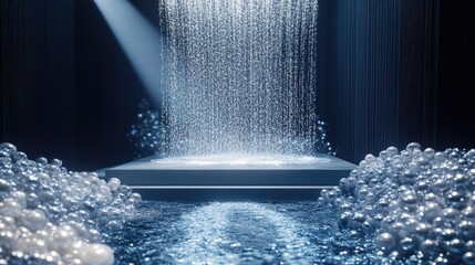 Poster - A magical waterfall of shimmering diamonds flows into a pearl-laden path, with a podium designed for showcasing luxury product packaging.