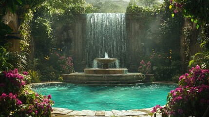 Poster - A majestic fountain pouring into clear turquoise pools, framed by lush greenery, cascading waterfalls, and vibrant flowers, offering a peaceful and harmonious garden setting.