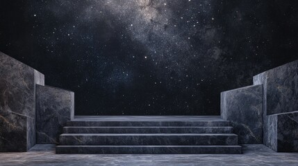 Poster - A majestic starry night backdrop with stone textures, featuring an elegant empty podium for showcasing luxury products.