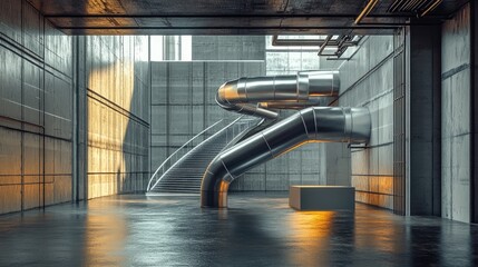 Poster - A metallic pipe weaving through industrial architecture, accompanied by a sleek empty podium for packaging product presentation.