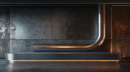 Poster - A metallic pipe weaving through industrial architecture, accompanied by a sleek empty podium for packaging product presentation.