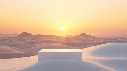 Poster - A minimalist white podium placed atop a sandy desert dune, bathed in the warm glow of a setting sun, perfect for a luxurious product showcase.
