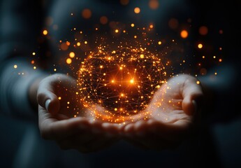 Aufkleber - Hands Cradling a Glowing Sphere of Energy with Sparks and Light Trails Symbolizing Innovation and Technology in a Dark Environment