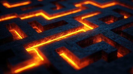 Poster - A mysterious dark maze with glowing orange lines showing the solution path, symbolizing the journey through problem-solving, strategy, and the path to success.