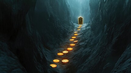 Poster - A narrow path across a canyon with glowing coins and a shining safe at the opposite ends, illustrating the risky journey toward financial success.
