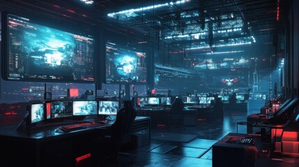 Poster - Futuristic Cyberpunk Control Room with Multiple Screens and Data Visuals