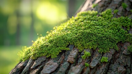 Lush moss on tree bark in sunlit forest