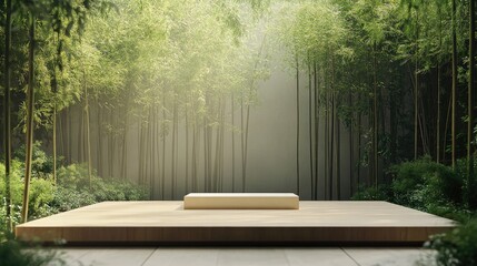 Poster - A peaceful bamboo grove framing a minimalist podium, offering an ideal space for showcasing a product in nature calm.