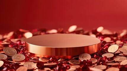 Poster - A pedestal placed amid a scattering of copper coins and ruby-red stones, perfect for presenting high-end product packaging.