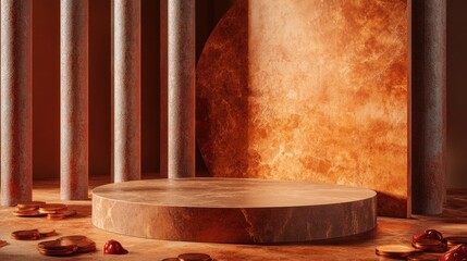 Aufkleber - A podium surrounded by copper coins and ruby-red stones, offering an empty space for showcasing luxury product packaging.
