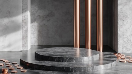 Aufkleber - A podium surrounded by copper coins and ruby-red stones, offering an empty space for showcasing luxury product packaging.
