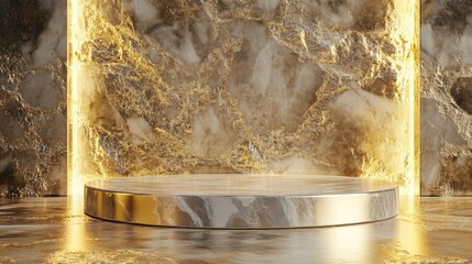 Aufkleber - A polished mineral podium, filled with shimmering gold and silver alluvial deposits, awaiting product placement.