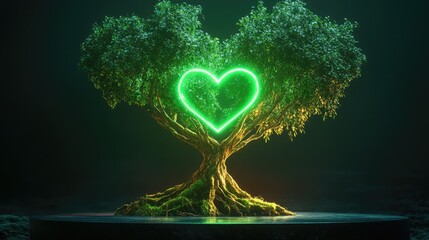 Poster - A powerful green heart glowing in the roots of an ancient tree, radiating energy through the branches, set on a minimalist podium for a product showcase.