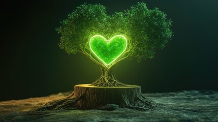 Poster - A powerful green heart glowing in the roots of an ancient tree, radiating energy through the branches, set on a minimalist podium for a product showcase.