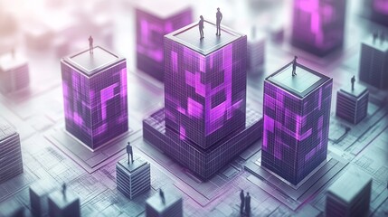 Poster - Abstract Futuristic Cityscape Digital Cubes Neon Glow Technology