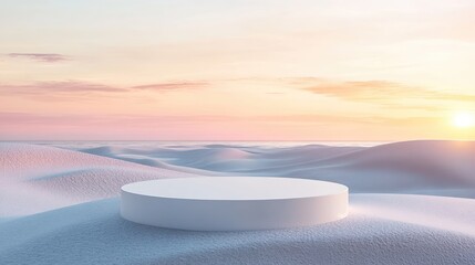 Poster - A pristine white podium standing on a sandy dune with a breathtaking sunset, offering a tranquil and minimalist space for showcasing products.