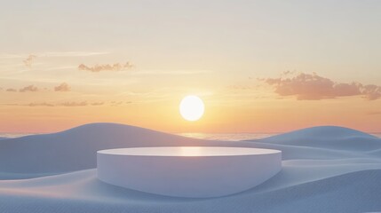 Poster - A pristine white podium standing on a sandy dune with a breathtaking sunset, offering a tranquil and minimalist space for showcasing products.