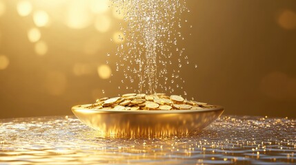 Poster - A radiant golden fountain pouring liquid coins and bars into a glistening pool, representing prosperity, with a sleek empty pedestal for luxury product showcase.