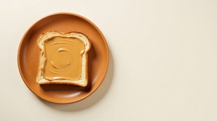 A single slice of toasted bread generously spread with creamy peanut butter, resting on a rustic terracotta plate against a neutral background.