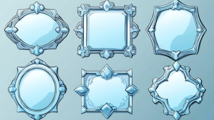 Poster - Silver game frames, medieval ui borders. Round, hexagon and rhombus textured gui elements with ornate rims and blue decor. Cartoon empty isolated graphics for rpg game or app, Vector illustration, set