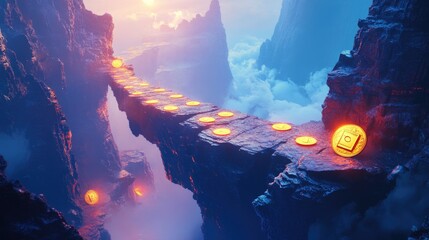 Poster - A risky path over a vast canyon, with glowing coins on one end and a glowing safe on the other, symbolizing the daring journey for ultimate reward.