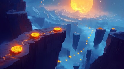 Poster - A risky path over a vast canyon, with glowing coins on one end and a glowing safe on the other, symbolizing the daring journey for ultimate reward.