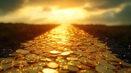 Poster - A road paved with gold coins winding toward a glowing horizon, representing the journey toward wealth, prosperity, economic growth, and financial success.