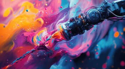 Poster - A robotic arm creating abstract art on a canvas, using vibrant colors, blending AI and automation with artistic expression to redefine the future of digital art innovation.