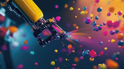 Aufkleber - A robotic arm sprays paint onto car parts in a dynamic scene, colorful droplets suspended in the air, symbolizing the advanced precision of automated painting in vehicle production.