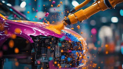 Aufkleber - A robotic arm sprays paint onto car parts in a dynamic scene, colorful droplets suspended in the air, symbolizing the advanced precision of automated painting in vehicle production.