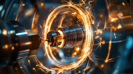 Poster - Illuminated metal component with swirling sparks effect in a technological setting