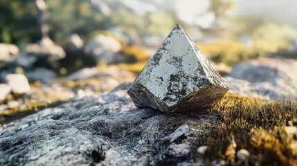 Poster - A rugged boulder with a sharp triangular stone, serving as a unique pedestal for presenting a cosmetic product in a natural setting.