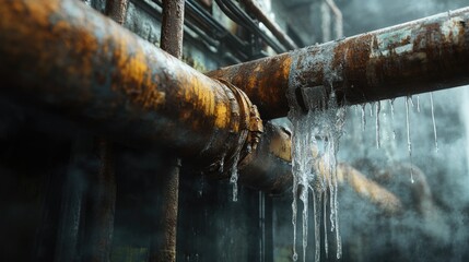 Poster - A rusty, leaking pipe with steam and dripping water in an industrial environment, symbolizing the need for maintenance and repair to ensure safety and prevent further damage.