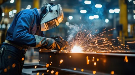Poster - A scene of a worker welding metal in a dark factory, with bright sparks illuminating the surroundings, highlighting the skill and attention to detail required in the manufacturing process.