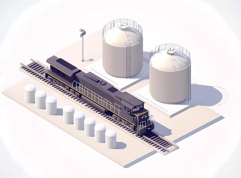 Isometric vector illustration of an oil train with white cisterns on the platform near two large storage tanks, an oil production plant, on an isolated background