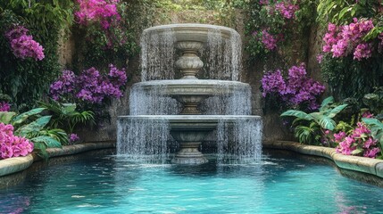 Poster - A serene fountain cascading into pristine turquoise pools, surrounded by vibrant flowers, lush greenery, and tiered waterfalls, creating a peaceful, harmonious ambiance.