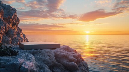 Poster - A serene sunset over a rocky cliff with a podium in the foreground, awaiting the perfect product for presentation.