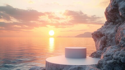 Poster - A serene sunset over a rocky cliff with a podium in the foreground, awaiting the perfect product for presentation.