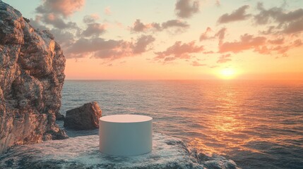 Poster - A serene sunset over a rocky cliff with a podium in the foreground, awaiting the perfect product for presentation.