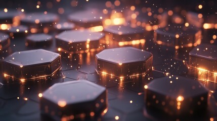 Poster - A series of interlocking hexagons filled with pulsating light, illustrating the building blocks of advanced technology contributing to infrastructural growth and innovation.