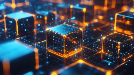 Poster - A series of interlocking hexagons filled with pulsating light, illustrating the building blocks of advanced technology contributing to infrastructural growth and innovation.