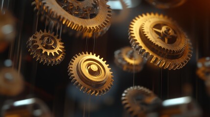 Poster - A set of floating gears in perfect synchrony, representing the partnership between startups and established enterprises contributing to the growth of the economy.