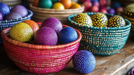 Poster - A set of woven baskets filled with colorful geometric spheres in red, blue, yellow, green, and purple on a wooden surface, creating a vibrant contrast and emphasizing intricate texture.