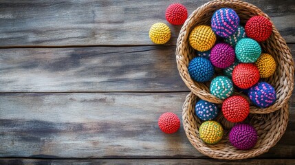 Poster - A set of woven baskets filled with colorful geometric spheres in red, blue, yellow, green, and purple on a wooden surface, creating a vibrant contrast and emphasizing intricate texture.