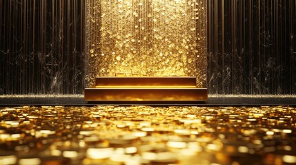 Poster - A shimmering golden fountain cascading liquid coins and bars into a gleaming pool, representing wealth and circulation, with a minimalist podium for display